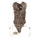 Women Leopard Tulle Bodysuit 2025 Summer Hollow Out Irregular Straps Snap-botton for Holiday Beach Style Streetwear