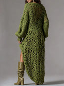 V-Neck Rib Knitted Dress Hollow Out Loose Fit Mini Skirt Asymmetrical Hem Street Style Sexy Trendy Women's Fashion Party Dresses