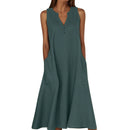 Breathable Summer Women Midi Dress Linen Blend Notch V Neck Dress Button Sleeveless Loose Fit Dresses Comfy Casual Beach Outfit