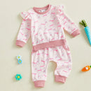 Adorable Baby Girl Easter Outfit Pink Floral Print Ruffle Sleeve Top Bowknot Elastic Waist Pants 2 Piece Set