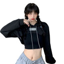 Female Cut Out Crop Top Hoodie Long Sleeve Hooded Pullover Sweatshirt Drop Shoulder Drawstring Hoodie Crop Jumper-Top