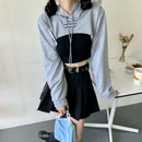 Female Cut Out Crop Top Hoodie Long Sleeve Hooded Pullover Sweatshirt Drop Shoulder Drawstring Hoodie Crop Jumper-Top
