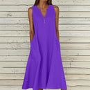 Breathable Summer Women Midi Dress Linen Blend Notch V Neck Dress Button Sleeveless Loose Fit Dresses Comfy Casual Beach Outfit