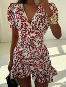 Women Chic Floral Print Bodycon Dress Holiday v-neck Pleated Patchwork Flared Sleeve Ruffle 2026 Summer Casual Latest Vestidos