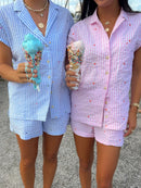 Women’s 2 Piece Casual Sets Lounge Outfits Cute Love Striped Print Short Sleeve Shirt + Drawstring Lace up Shorts Sets Homewear