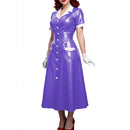 Elegant Women Midi Dress Shiny PVC Leather Turn-down Collar Patchwork Single-Breasted Long Dress Party Club  A-line Female Dress