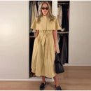 Women Trench Style Midi Dress Stand Collar Cape Overlay Short Sleeve Belted Waist A‑Line Dresses Autumn Elegant Office Outfits