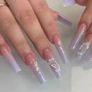 24Pcs Gold French Border False Nails Long Coffin False Nails with Rhinestones Ballerina Full Cover Nail Tips Press on Nails 2030