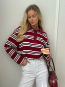 Bornladies Spring Summer New Women's Retro Striped Polo Collar Oversized Long Sleeve T - Shirt Trendy Casual Loose Basic Top