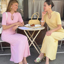 TARUXY Short Sleeve Knitted Long Dress Female Slim Hollow Retro Elegant Sweater Dress 2025 Summer New High Waist Women‘s Dress