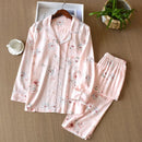 Japanese style new spring and summer women's pajamas Viscose fiber silk long-sleeved trousers suit flower printing home service