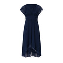 Womens Dresses Wedding Party Bridesmaid Elegant V Neck Chiffon Dress Slim High Waist Flutter Sheer Mesh Sleeve Long Dresses