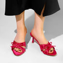 Sweet Bow Slippers for Women 2025 New Summer Thin Heel Flip-flops Versatile Pointed Toe Open Toe High Heel Cool Mop