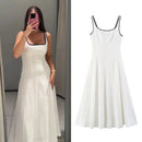 Women Midi Dress Female Casual Suspender Dress Color Contrasting Edge 2025 Summer Ladies Slim Square Collar Elegant Long Dresses