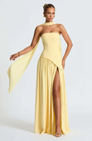 The Aurelian | Butter Yellow Mesh-Spliced Asymmetric Evening Gown