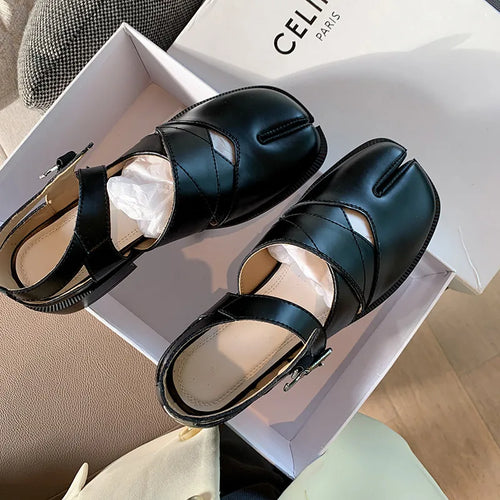 MKKHOU Fashion Sandals Women's New High Quality True Leather Split Toe Shoes Low Heel Hollow out Mary Jane Shoes Modern Shoes