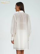 Clacive Fashion Loose White Women Blouse 2025 Casual Lapel Long Sleeve Shirt Elegant Classic Tie See Through Top Female Clothing