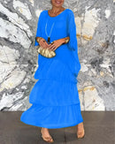 Female Elegant Floral Print Chiffon Boho Long Dress Spring Round Neck Women Pullover Dress Half Bat Sleeve Cake Skirt Dress