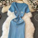 Elegant Knitted Long Dress Women Summer V Neck Single Breatsed Short Sleelve Bodycon Dresses Fashion Party Office Lady Vestidos