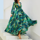 Women'S Temperament V-Neck Backless Dresses Summer Boho Green Leaf Print Maxi Dress For Beach Elegant Pleated Sundress Vestidos