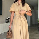 Women Trench Style Midi Dress Stand Collar Cape Overlay Short Sleeve Belted Waist A‑Line Dresses Autumn Elegant Office Outfits
