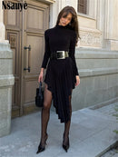 Nsauye Casual Women Pullover Turtleneck Black Elegant Long Sleeve Midi Dress Ruffles Sexy Party Evening Night Club Dress 2026