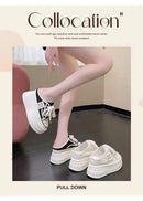 9.5cm Increasing Height Women Slippers 2024New Summer Autumn Canvas Mules Shoes Ladies Round Toe High Wedge Platform Slides Shoe