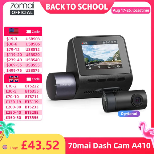 70mai Dash Cam A410 Front 1440P Rear 1080P Car DVR Upgraded Ver. of 70mai A400 Car Recorder 24H Parking Mode Support Max 256GB