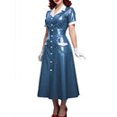Elegant Women Midi Dress Shiny PVC Leather Turn-down Collar Patchwork Single-Breasted Long Dress Party Club  A-line Female Dress