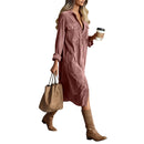 Retro Chic Women Midi Dress Corduroy Fabric Lapel Collar Popular Button Front Loose Fit Long Sleeve Comfy Casual Daily Outfit