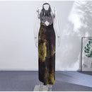 Vintage Floral Printed Midi Dress Women Backless Satin Halter Cutout Bodycon Split Hem Party Dresses 2026 Summer Elegant Gown