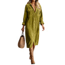 Retro Chic Women Midi Dress Corduroy Fabric Lapel Collar Popular Button Front Loose Fit Long Sleeve Comfy Casual Daily Outfit