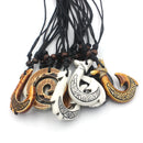 12pcs/Lot Imitation Bone Carved NZ Maori Fish Hook Charm Necklaces Jewelry for Men Women Tribal Wax Rope Chain Adjustable gift