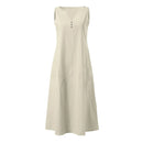 Breathable Summer Women Midi Dress Linen Blend Notch V Neck Dress Button Sleeveless Loose Fit Dresses Comfy Casual Beach Outfit