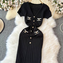 Elegant Knitted Long Dress Women Summer V Neck Single Breatsed Short Sleelve Bodycon Dresses Fashion Party Office Lady Vestidos