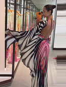 Holiday Loose Striped Long Dress Women Halter Batwing Sleeve Backless Lace Up Chic Party Dresses 2026 Summer Vacation Beach Robe