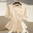 2025 ZANZEA Elegant Puff Sleeve Work Blouses Women Summer Shirts Square Neck Stylish Solid Buttons Tunic Tops Waisted OL Blusas