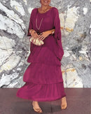 Female Elegant Floral Print Chiffon Boho Long Dress Spring Round Neck Women Pullover Dress Half Bat Sleeve Cake Skirt Dress
