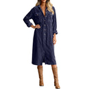Retro Chic Women Midi Dress Corduroy Fabric Lapel Collar Popular Button Front Loose Fit Long Sleeve Comfy Casual Daily Outfit