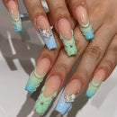 24Pcs Gold French Border False Nails Long Coffin False Nails with Rhinestones Ballerina Full Cover Nail Tips Press on Nails 2030