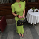 TARUXY Short Sleeve Knitted Long Dress Female Slim Hollow Retro Elegant Sweater Dress 2025 Summer New High Waist Women‘s Dress