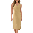 Breathable Summer Women Midi Dress Linen Blend Notch V Neck Dress Button Sleeveless Loose Fit Dresses Comfy Casual Beach Outfit