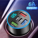 250W车载充电器PD USB Type C快充车载点烟器插头5口车载充电器闪充带数显