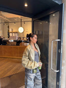 Khaki Cropped Bomber Jackets Women Lapel Collar Full Zip Closure Pocket Detail Long Sleeve Streetwear Lady Casual Y2k Outfits