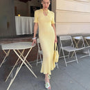 TARUXY Short Sleeve Knitted Long Dress Female Slim Hollow Retro Elegant Sweater Dress 2025 Summer New High Waist Women‘s Dress
