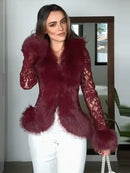 Sexy Lace Patchwork Women's Fur Coat V-Neck Full Sleeve Waist-Closed Lady Coats 2026 Autumn Winter Chic Female Streetwear