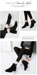 Short women's boots 2025 autumn/winter new Korean version medium thick heel short boots with zipper frosted face pointed single