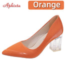 Aphixta 7cm High Heels Women Lady Orange Leather Pumps Female Wedding Green Transparent Shoes Drop Shipping Plus Size  30-50