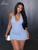 Joskaa 2025 Summer Women's Elegant Halter V-Neck Backless Skinny Mini Knit Dress Holiday Birthday Party Clubwear Streetwear