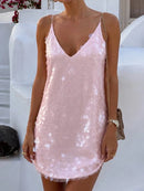 Fashion Women's Sequined Patchwork Slip Dress Solid V-neck High Waist Loose Sleeveless Mini Skirt 2026 Summer Sexy Party Dresses